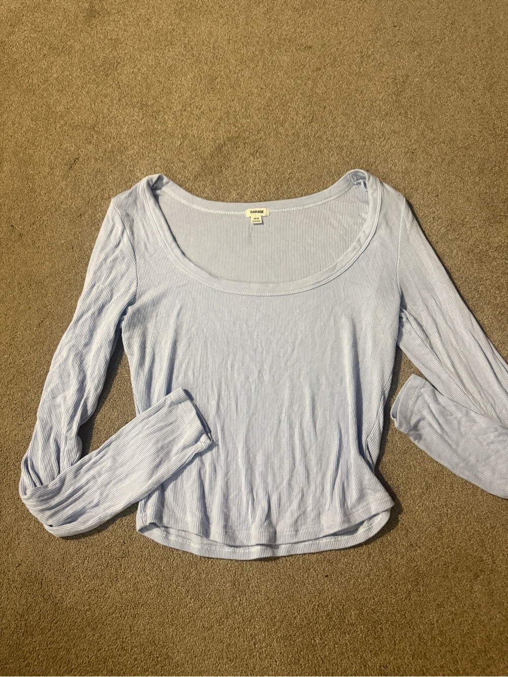 Garage Light Blue Ribbed Scoop Neck Long Sleeve Top